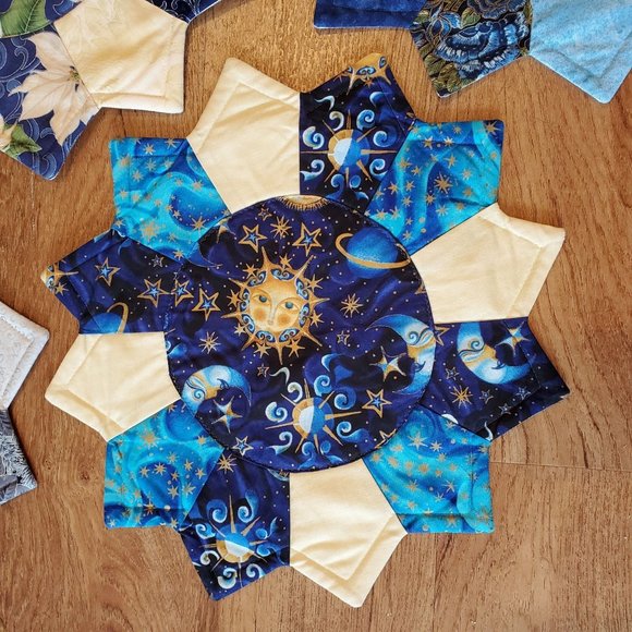 Handmade Quilted Hot Pads / Table Mats / Placemats, Set of 4, Blue Cream Silver - Picture 3 of 7